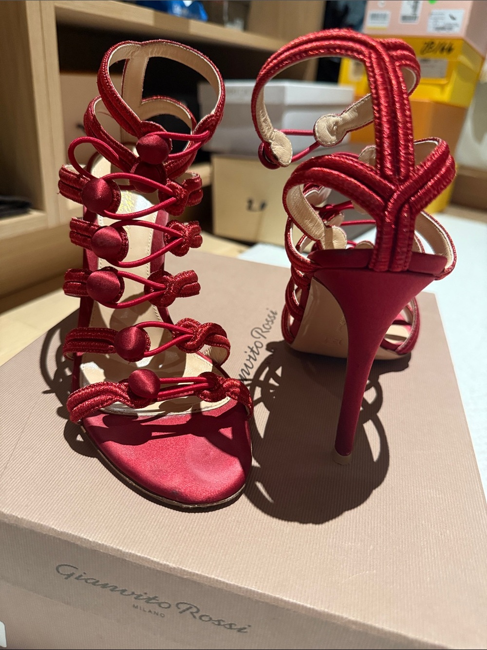 Gianvito Rossi Red Knotted Strappy Satin Heels - Picture 2 of 6